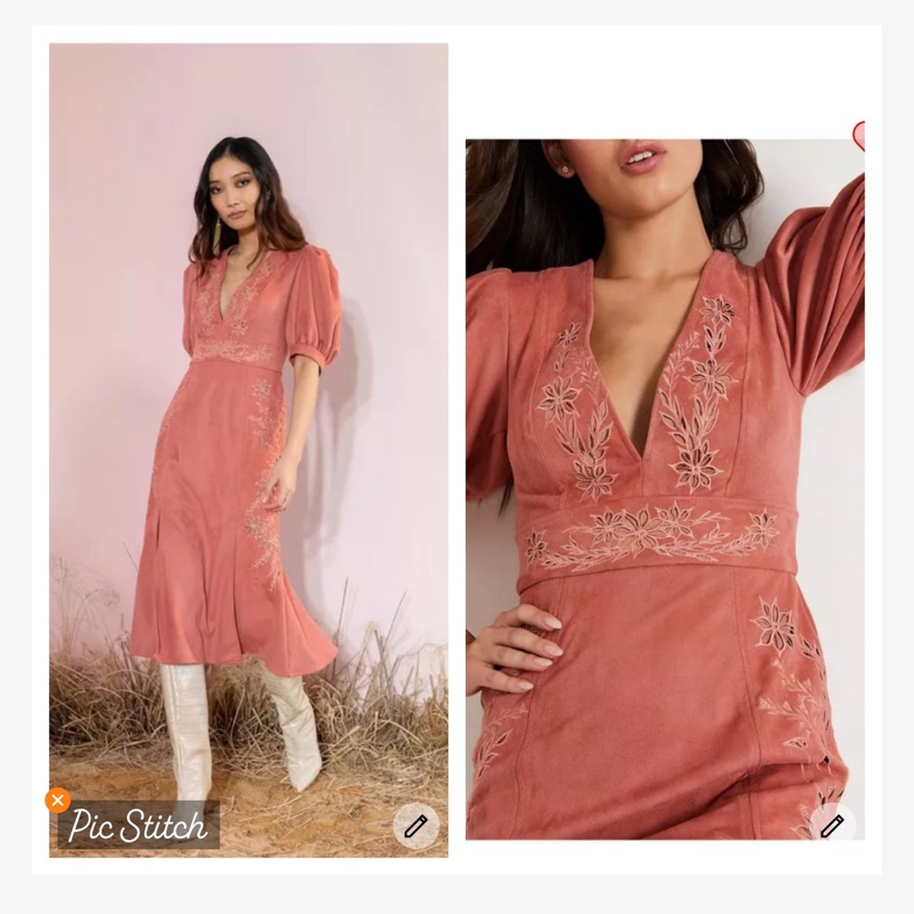 PatBo Faux Suede V Neck Midi Dress Rose - Picture 2 of 13